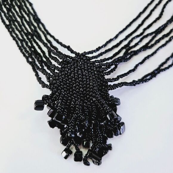 Vintage Seed Beaded Multi Strand Cluster Black Onyx Statement Collar Necklace - Picture 6 of 10